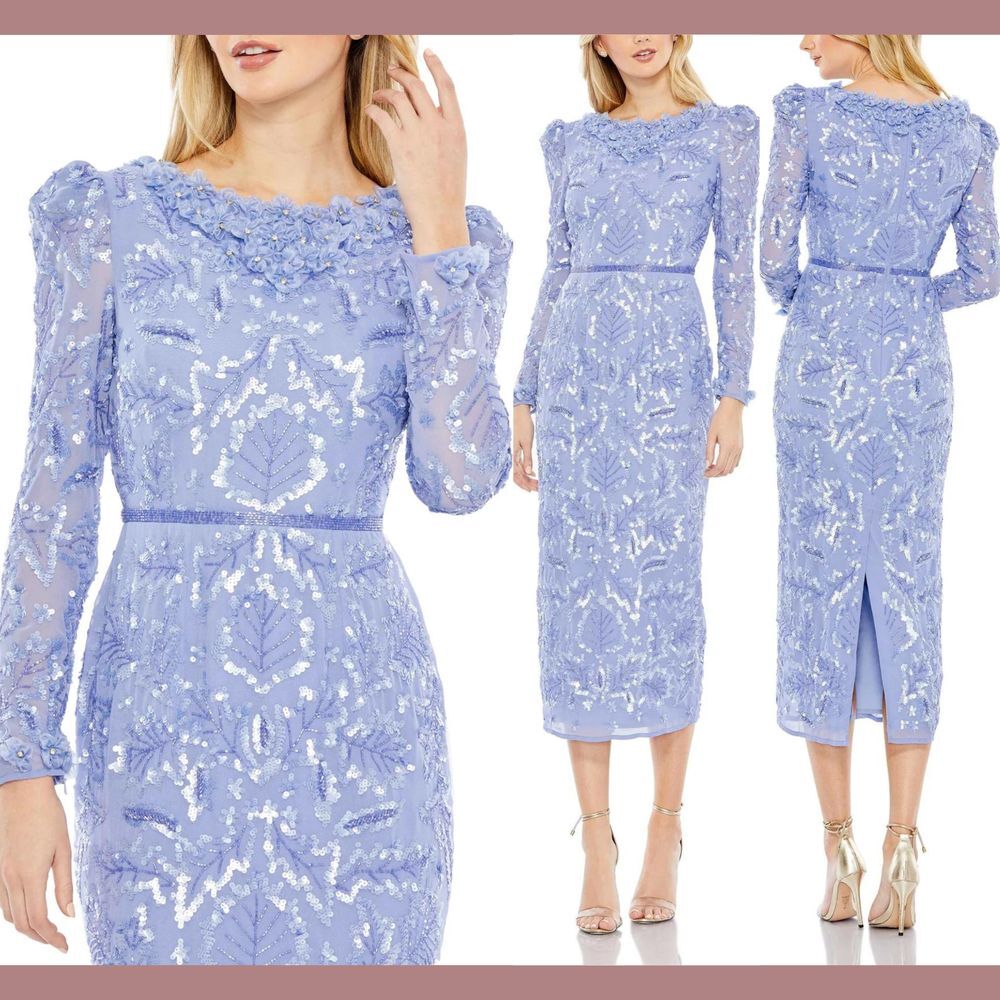 NWT Mac Duggal [ 2 ] Embellished High Neck Puff Sleeve Dress in Periwinkle‎ Blue
